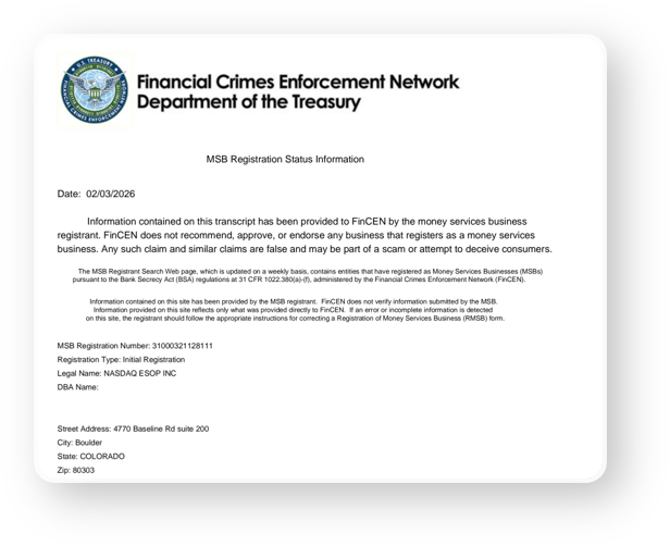 US FinCEN MSB License Certificate